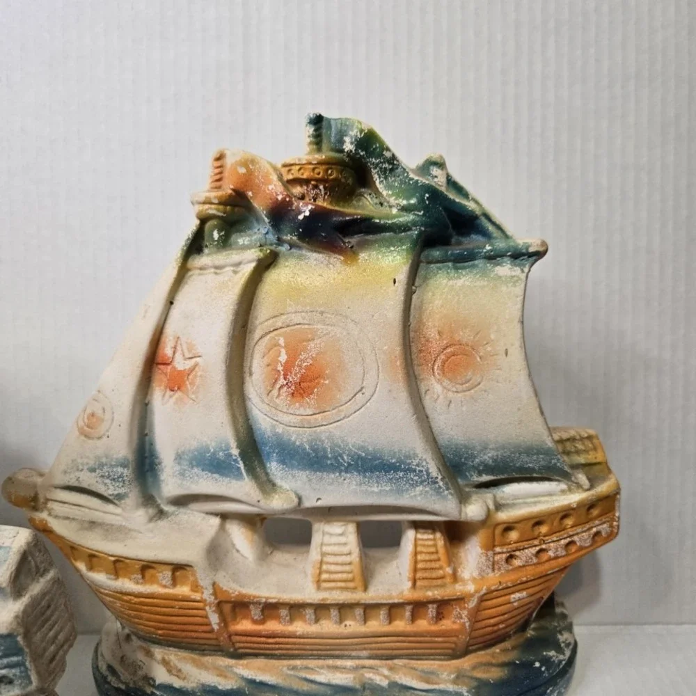 Vintage Chalkware Nautical Sailboat Bookends‎ Painted Coastal Decor Set Of 2